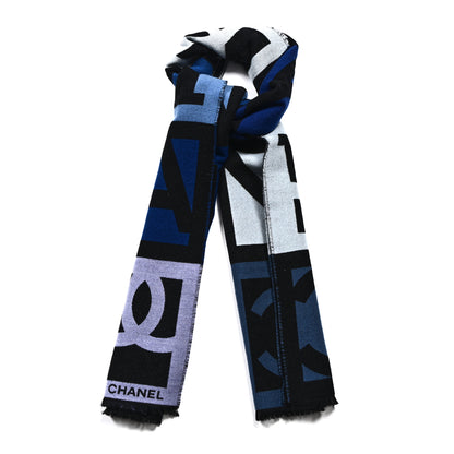 Chanel Wool Silk CC Logo Stole Black Blue 1 of 3