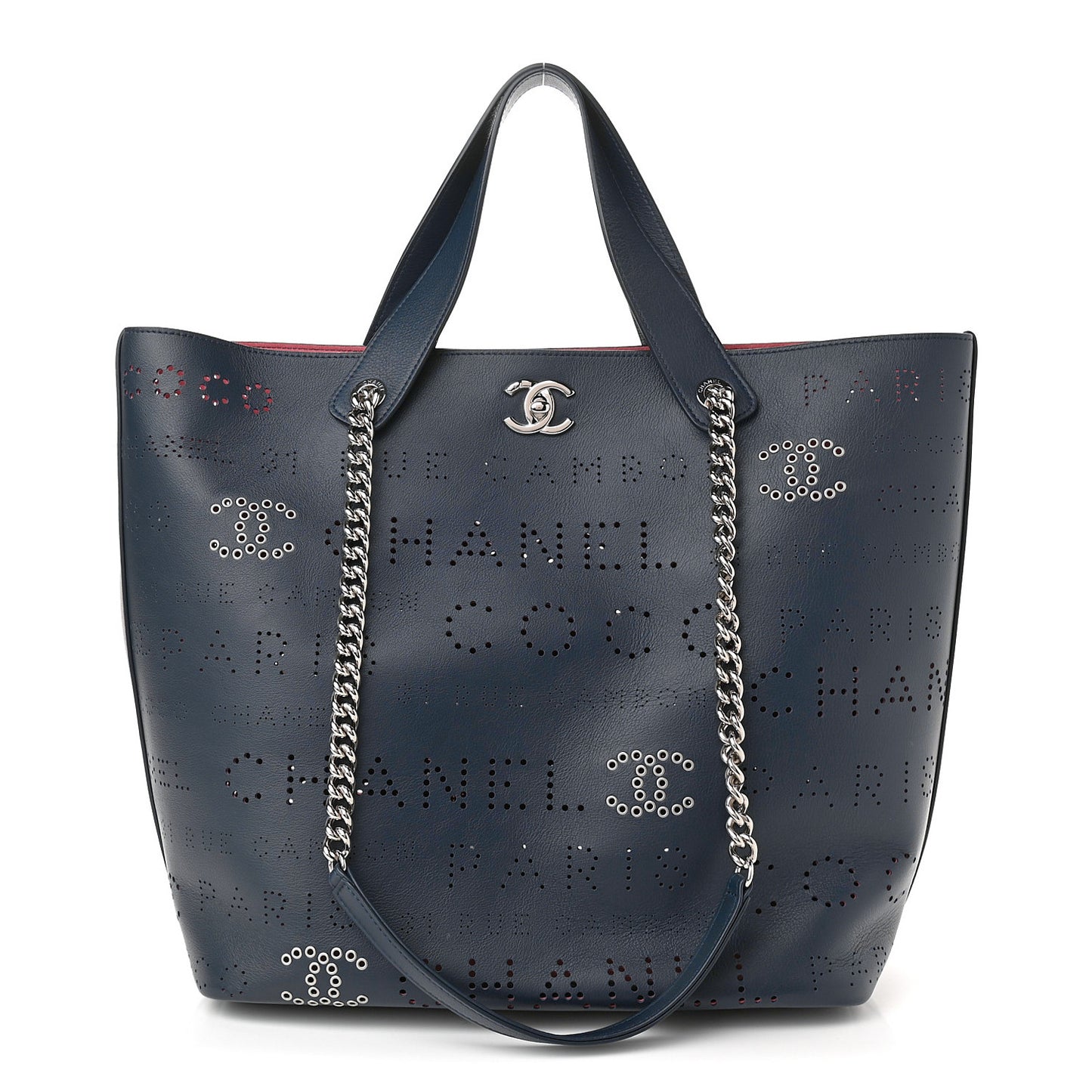 Calfskin Tweed Small Logo Eyelets Shopping Tote Navy Blue