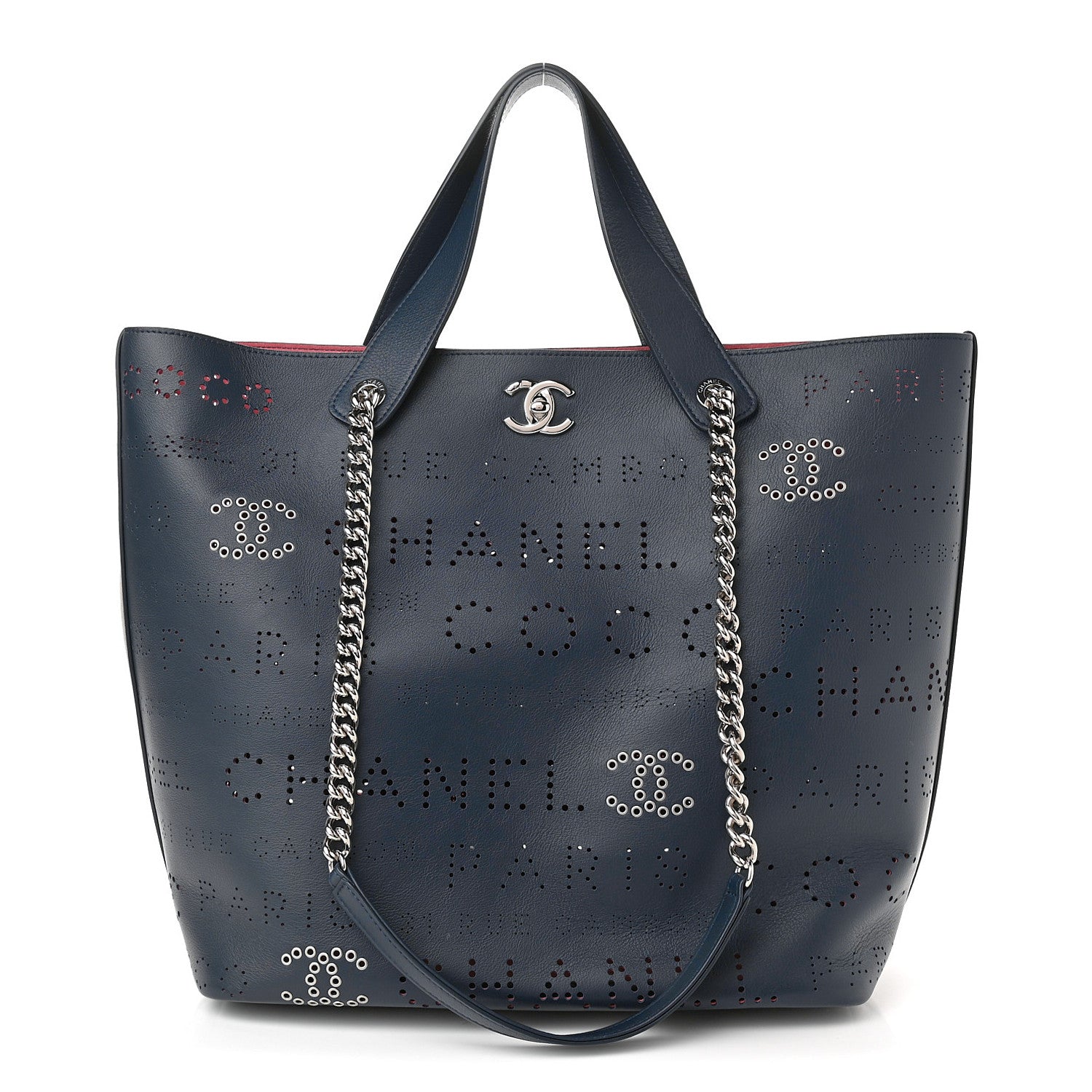 Chanel Calfskin Tweed Small Logo Eyelets Shopping Tote Navy Blue 1 of 9