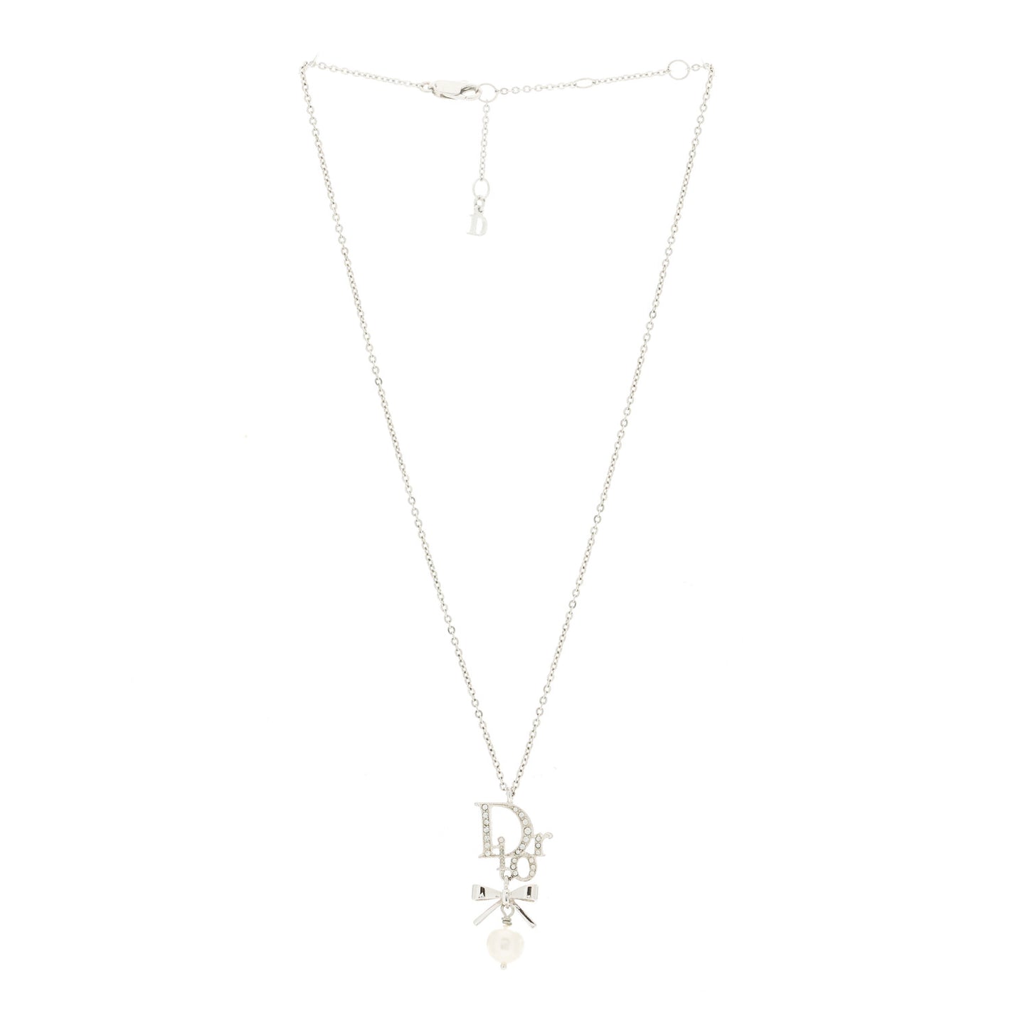 Crystal Pearl Logo Bow Necklace Silver