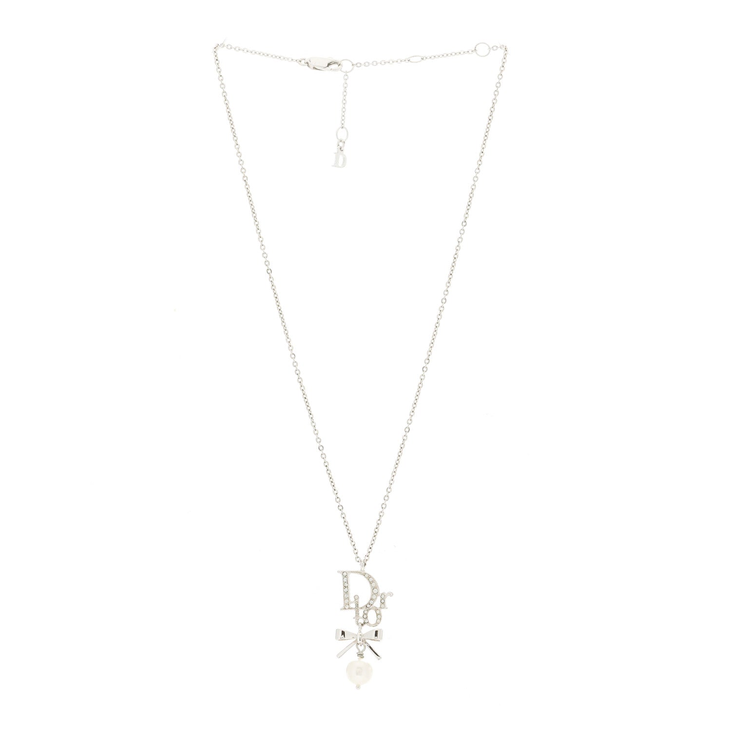 Christian Dior Crystal Pearl Logo Bow Necklace Silver 2 of 5