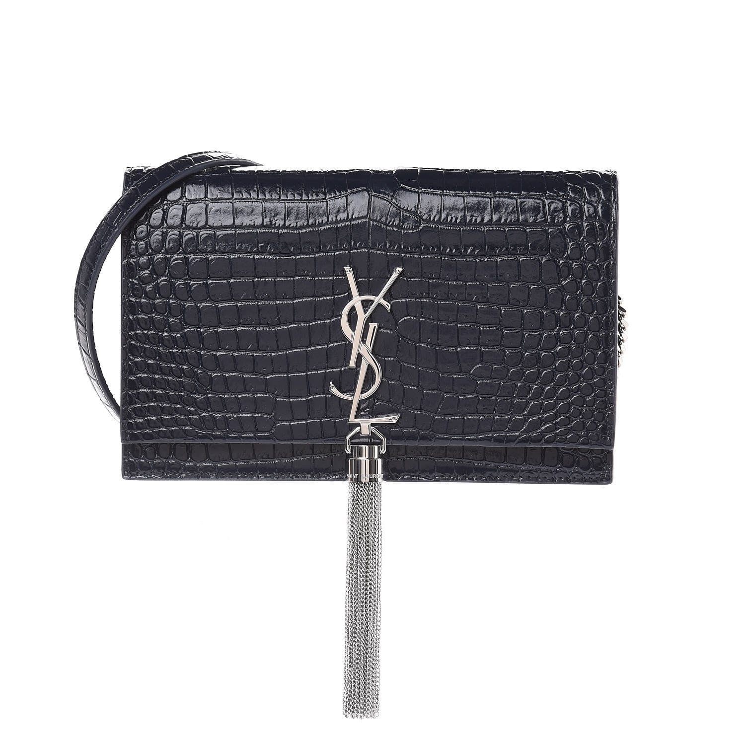Mansur Gavriel Calfskin Crocodile Embossed Kate Monogram Tassel Chain Wallet Deep Marine 1 of 9