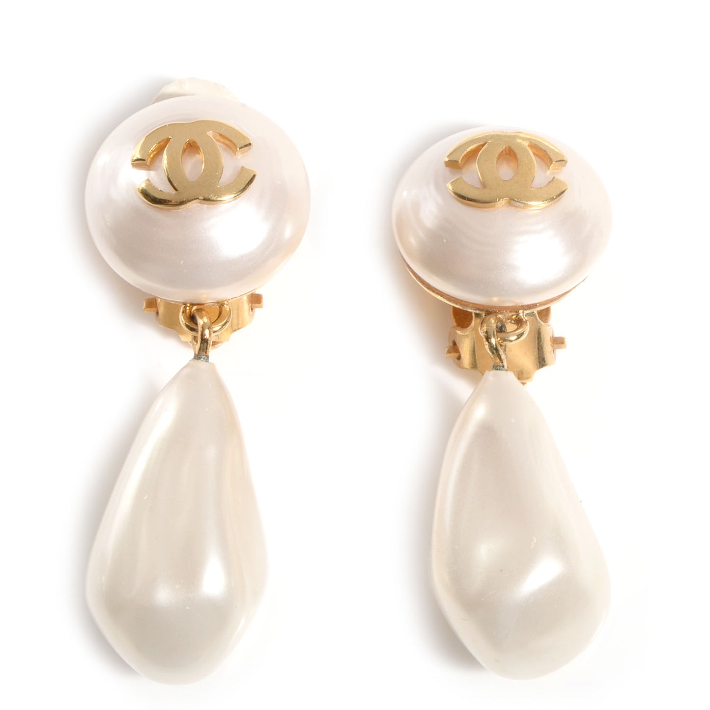 Pearl CC Drop Clip On Earrings Gold