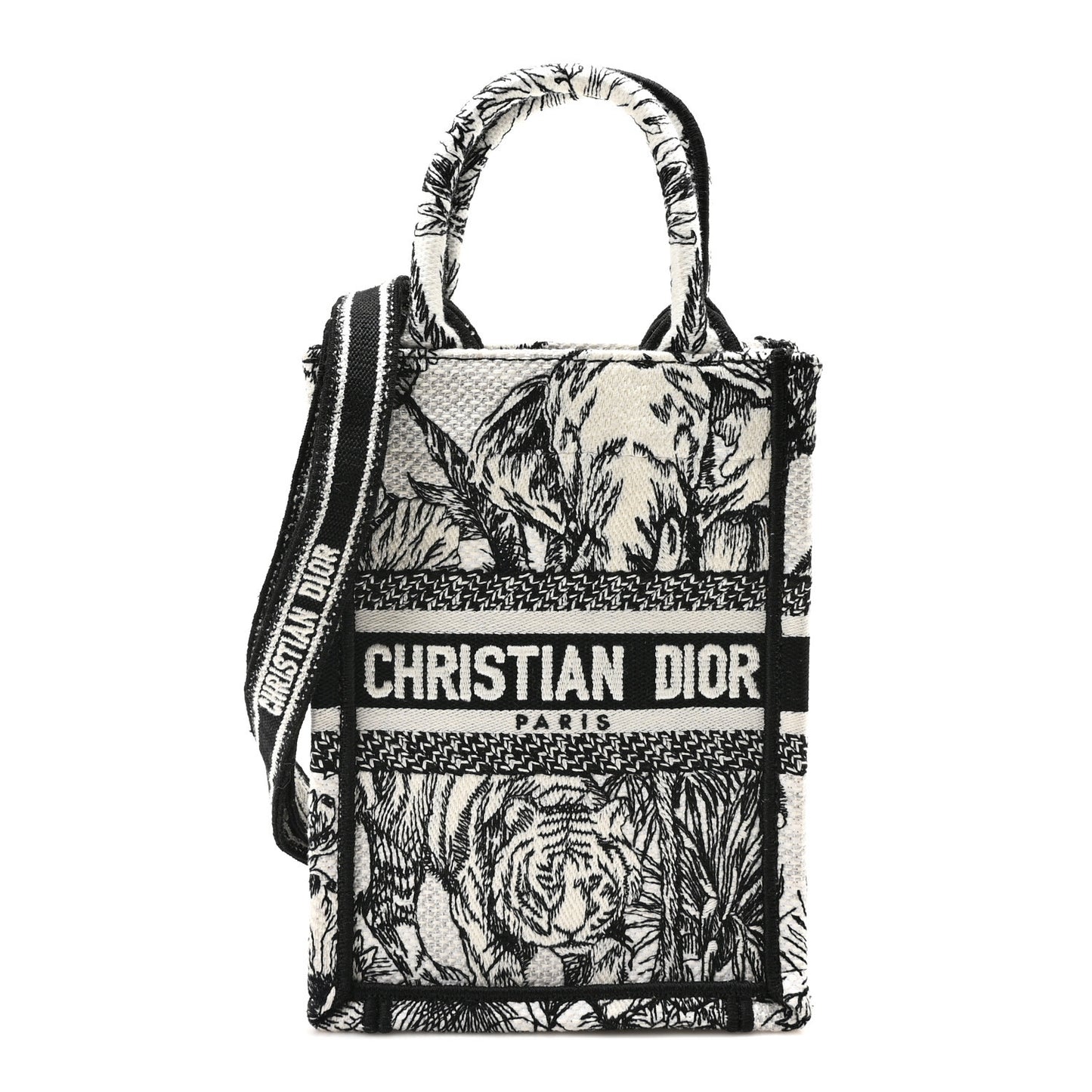 Canvas Toile de Jouy Voyage Embroidered Mini Book Tote Phone Bag White Black