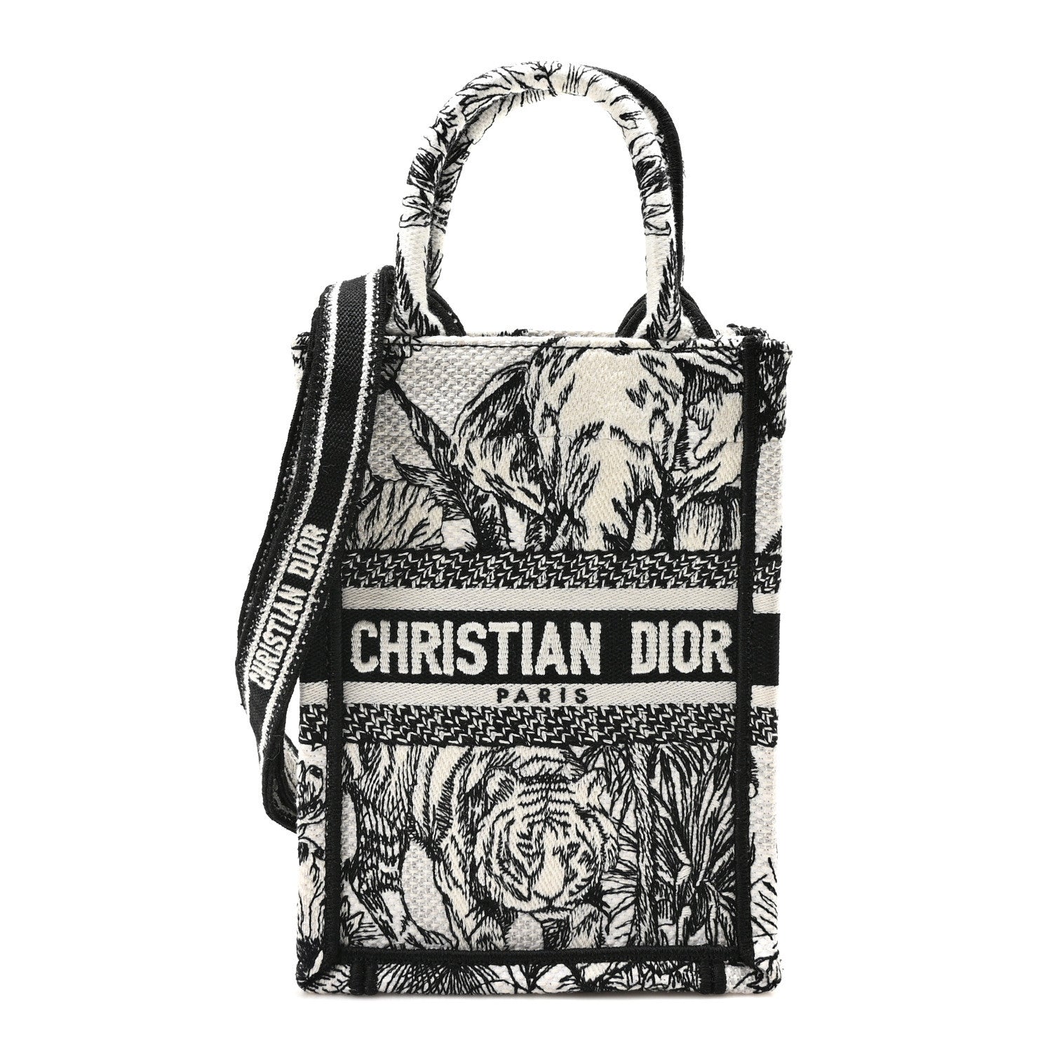 Christian Dior Canvas Toile de Jouy Voyage Embroidered Mini Book Tote Phone Bag White Black 1 of 10