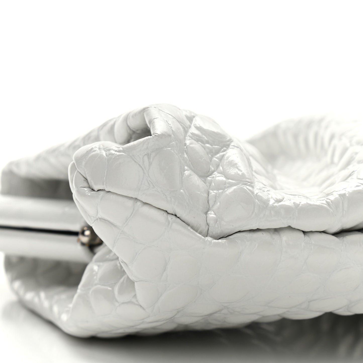Shiny Supple Calfskin Logo Crocodile Embossed XL Cloud Clutch White