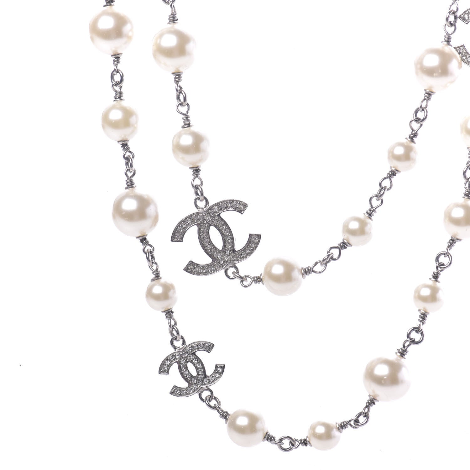 Chanel Crystal Pearl CC Long Necklace Silver 4 of 5