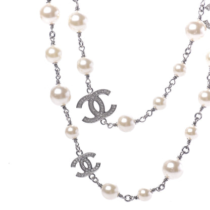 Chanel Crystal Pearl CC Long Necklace Silver 4 of 5