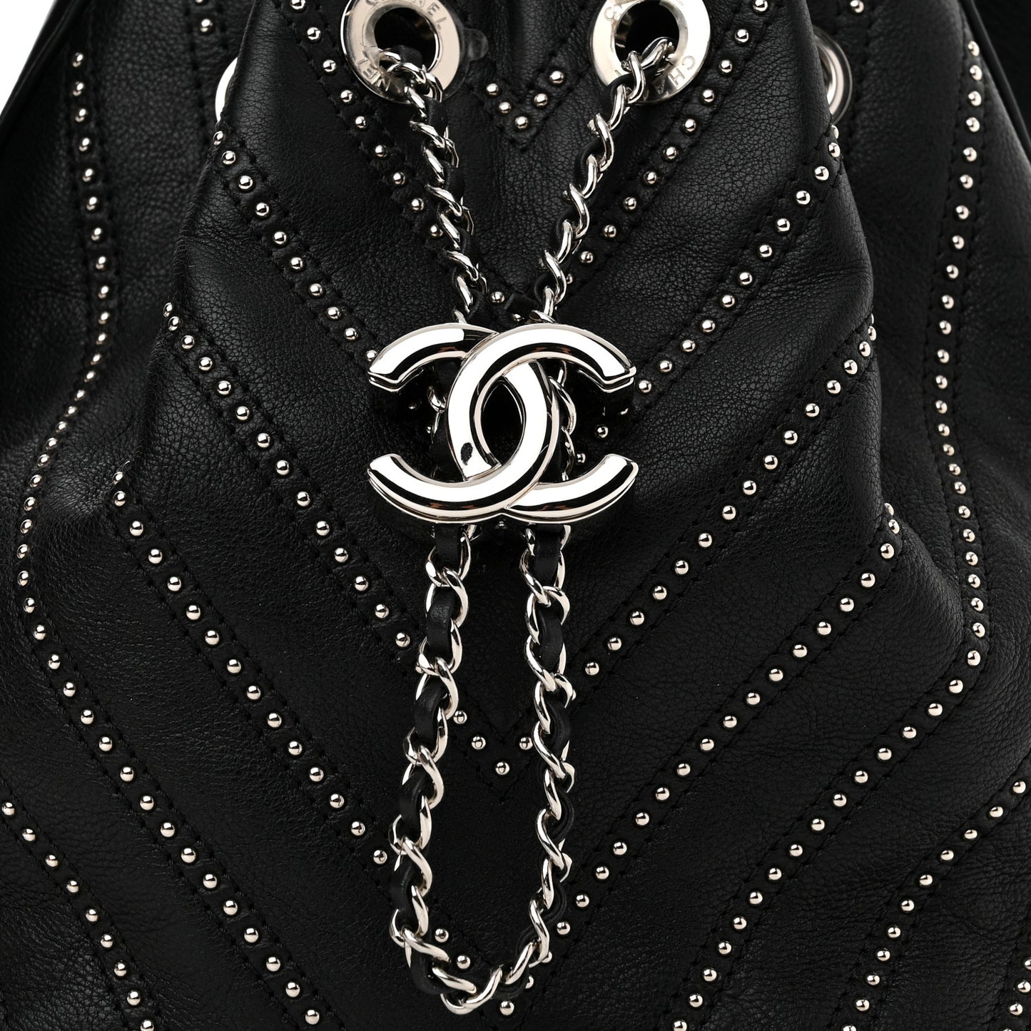 Calfskin Studded Chevron Quilted Stud Wars Drawstring Bag Black
