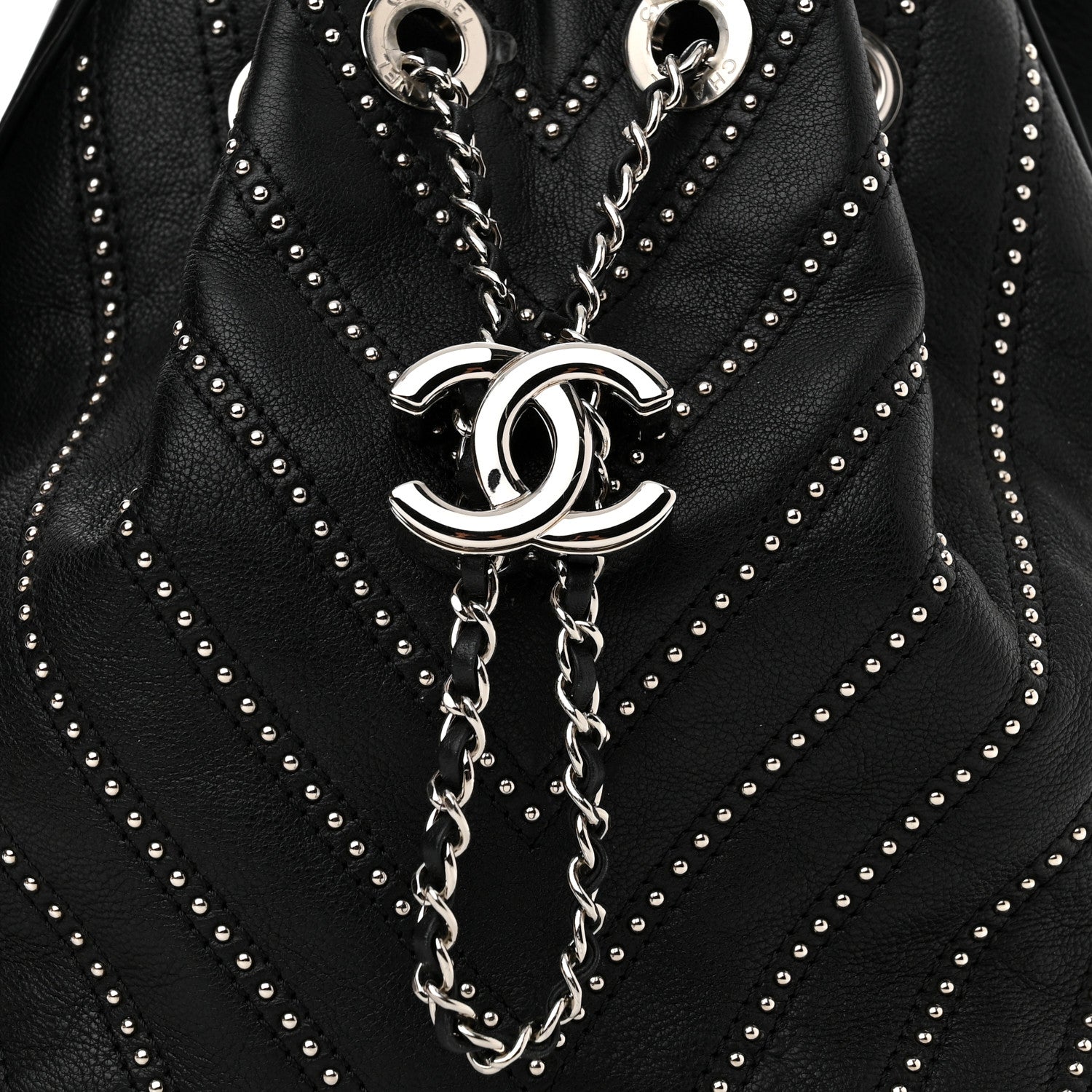 Chanel Calfskin Studded Chevron Quilted Stud Wars Drawstring Bag Black 8 of 11
