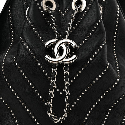 Chanel Calfskin Studded Chevron Quilted Stud Wars Drawstring Bag Black 8 of 11