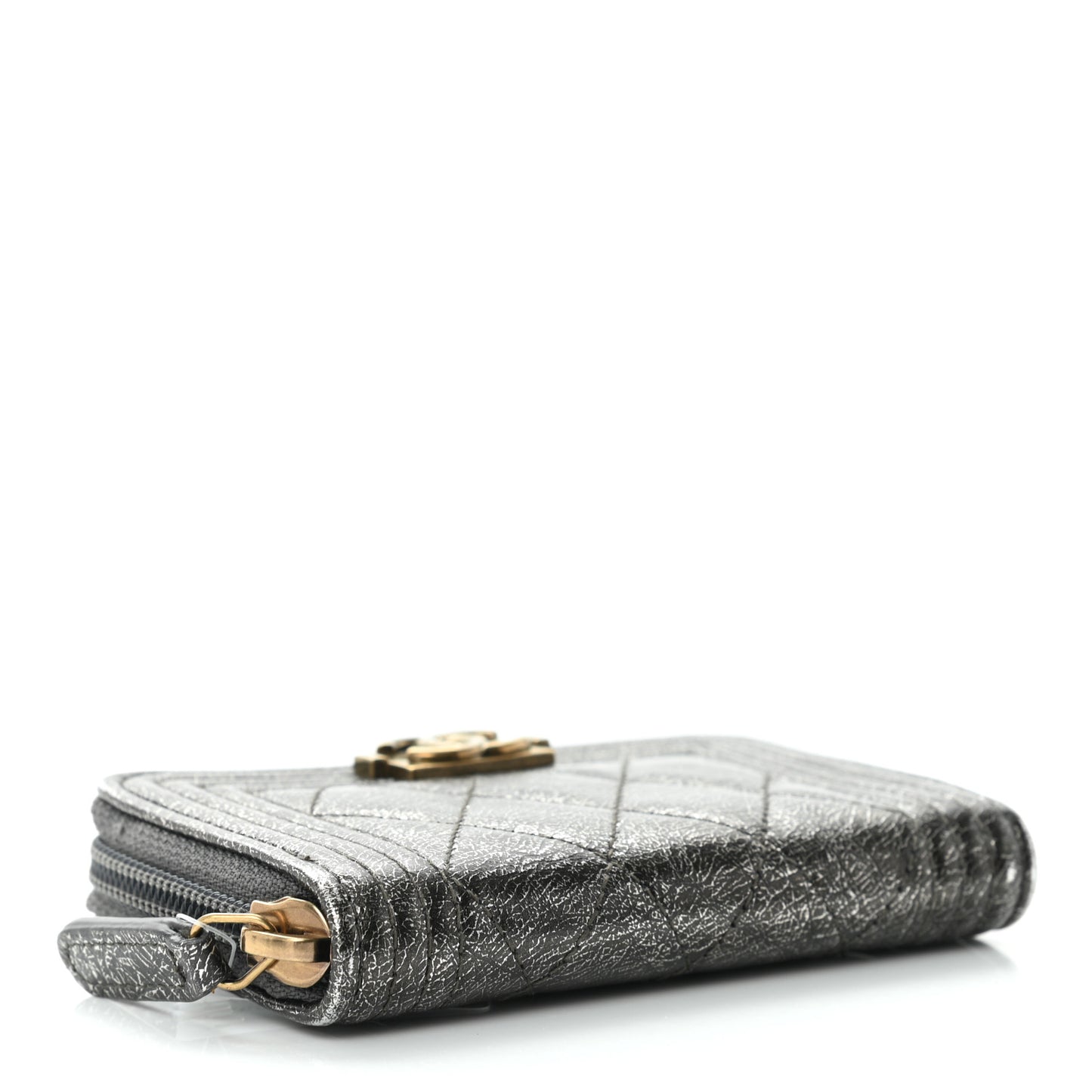 Cracked Metallic Calfskin Quilted Boy Zip Around Coin Purse Wallet Dark Silver