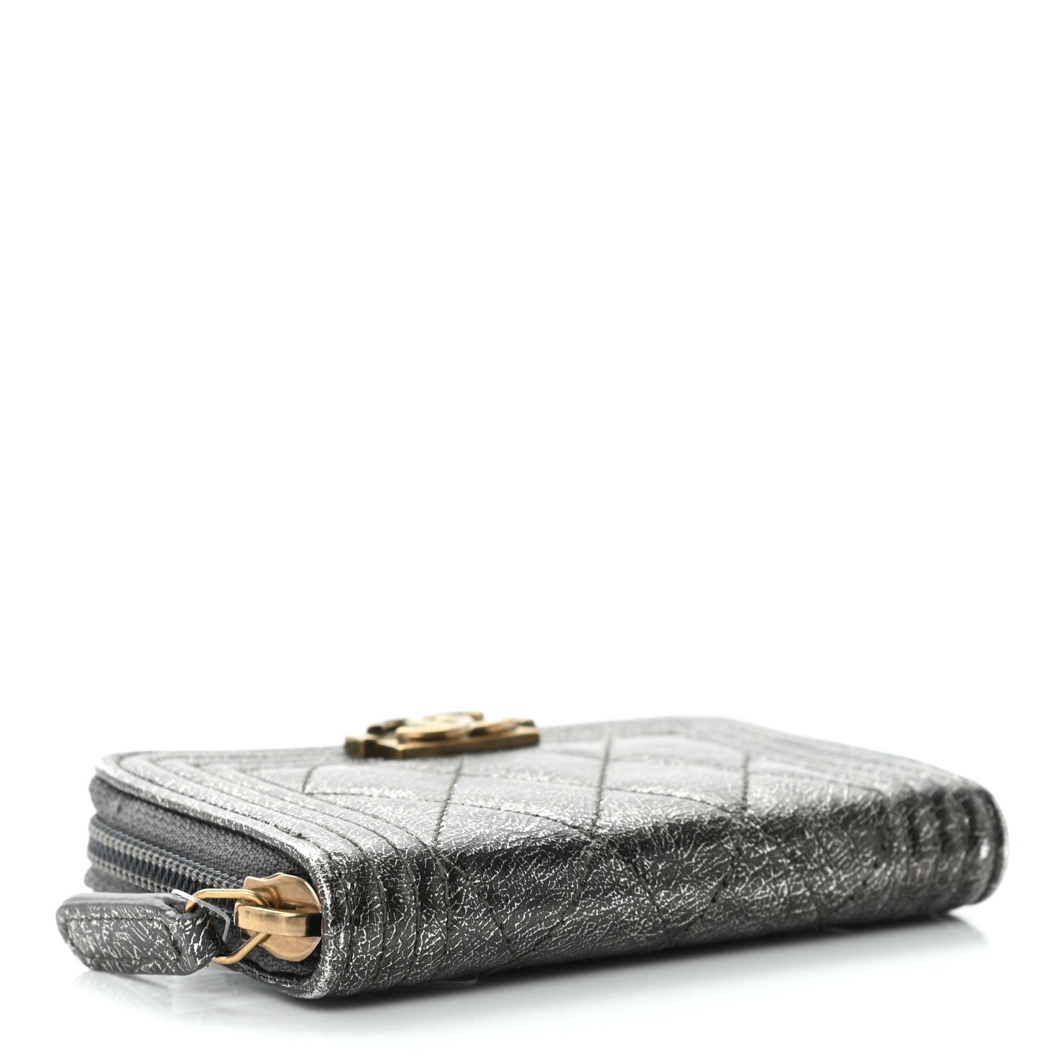 Chanel Cracked Metallic Calfskin Quilted Boy Zip Around Coin Purse Wallet Dark Silver 4 of 10