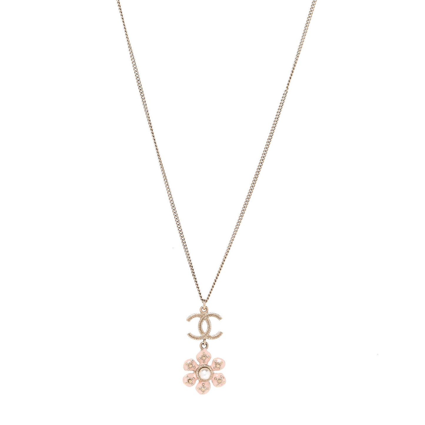 Enamel Pearl CC Flower Necklace Gold Pink