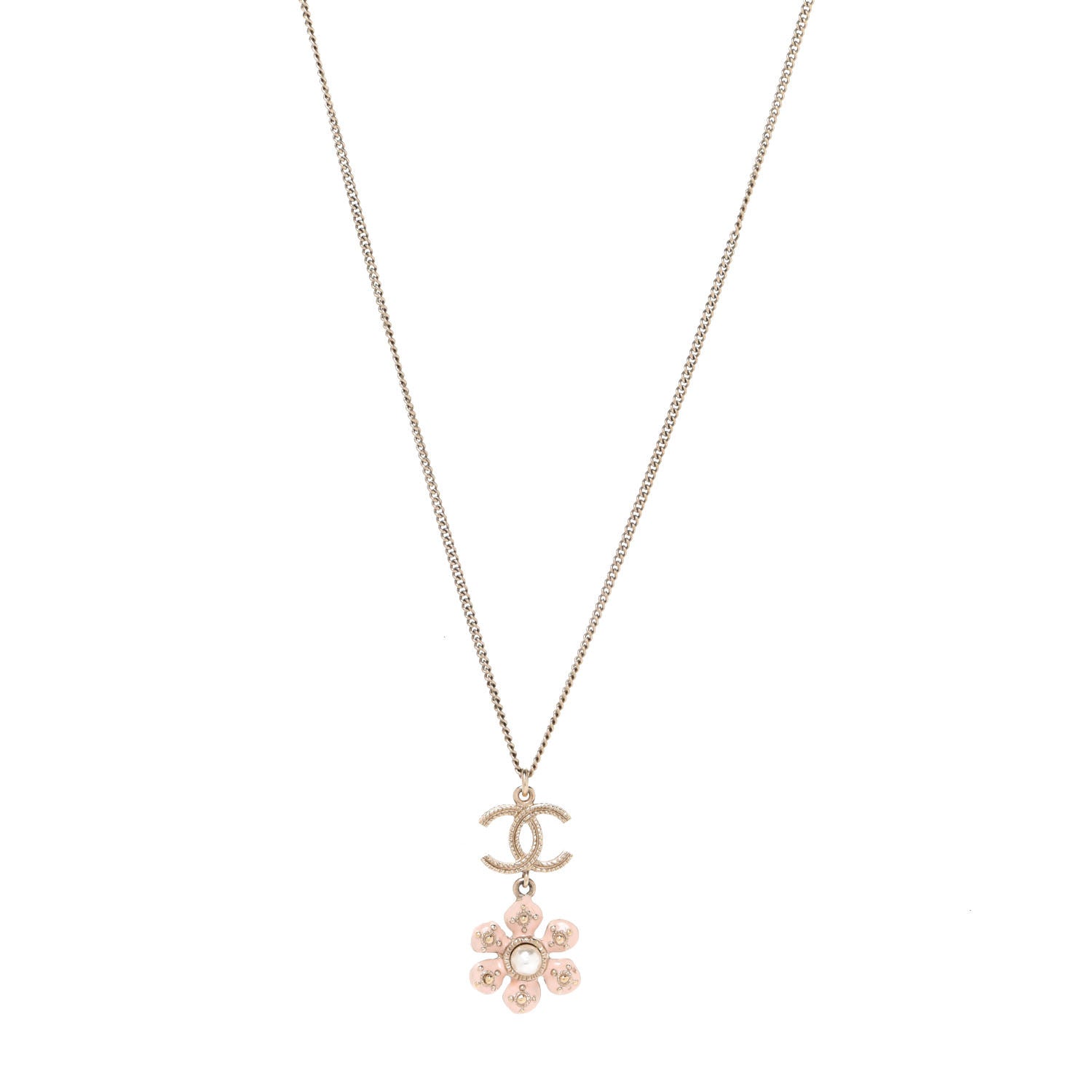 Chanel Enamel Pearl CC Flower Necklace Gold Pink 1 of 6