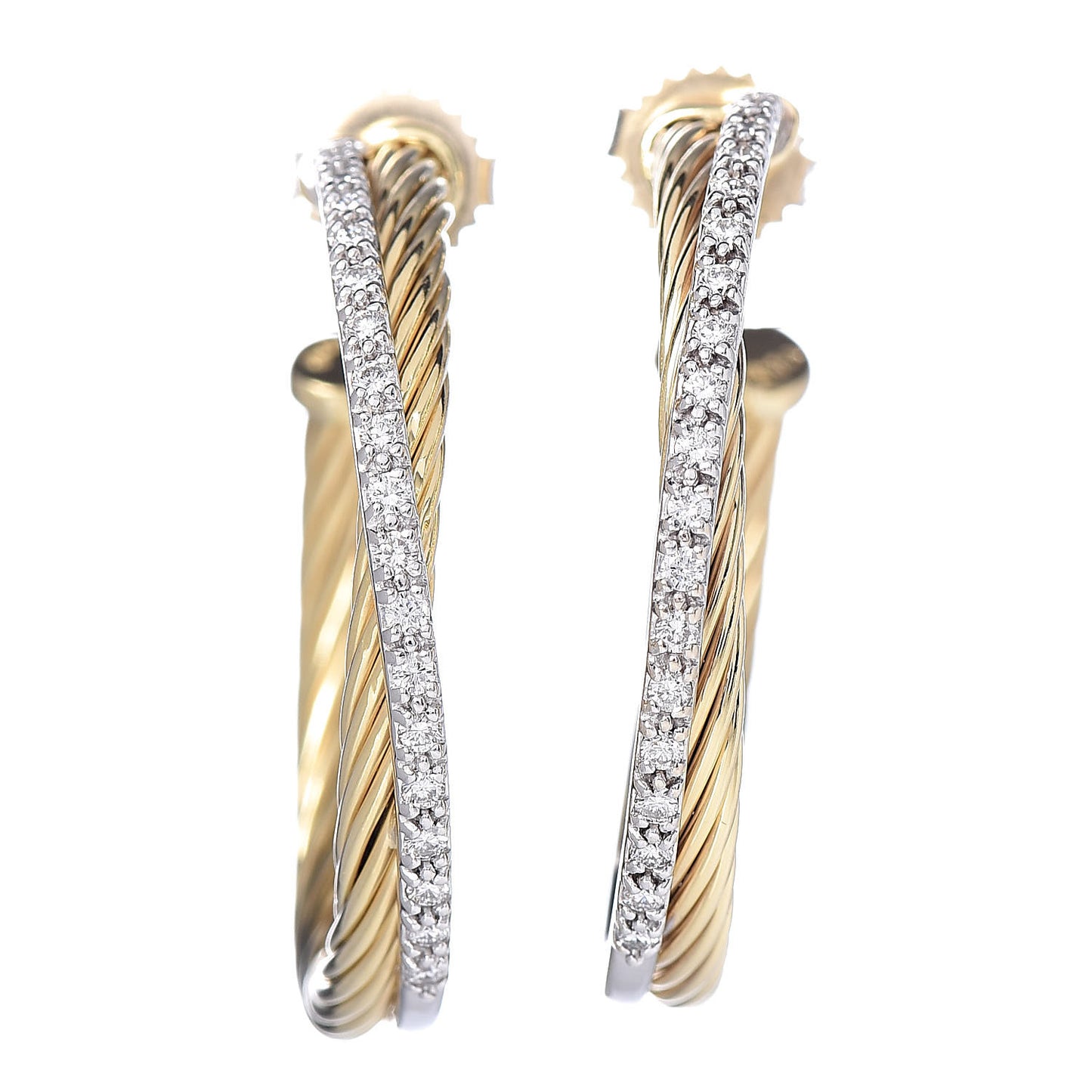 18K Yellow Gold Diamond Crossover Medium Hoop Earrings
