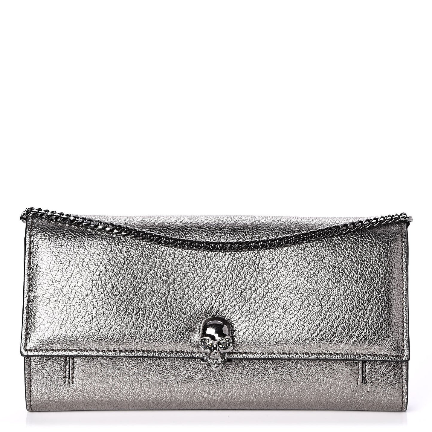 Metallic Calfskin Skull Wallet on Chain Black Pearl