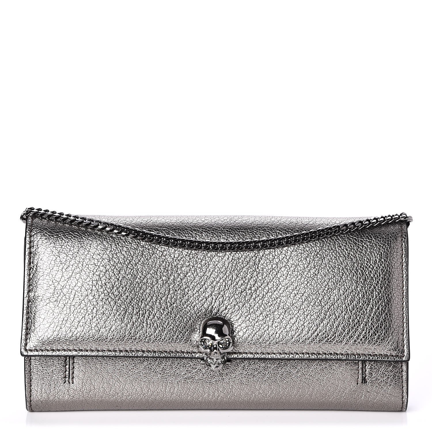Alexander McQueen Metallic Calfskin Skull Wallet on Chain Black Pearl 1 of 7