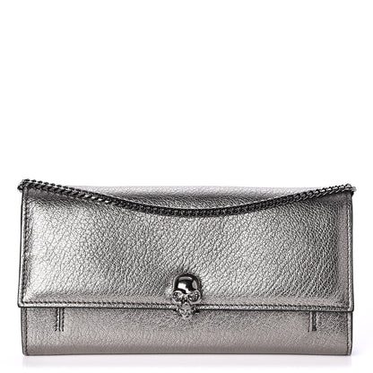 Alexander McQueen Metallic Calfskin Skull Wallet on Chain Black Pearl 1 of 7