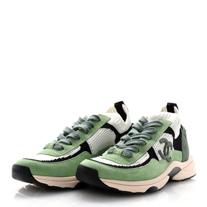 Chanel Knit Suede Fabric Womens CC Sneakers 37 Green Dark Green White Black 3 of 9