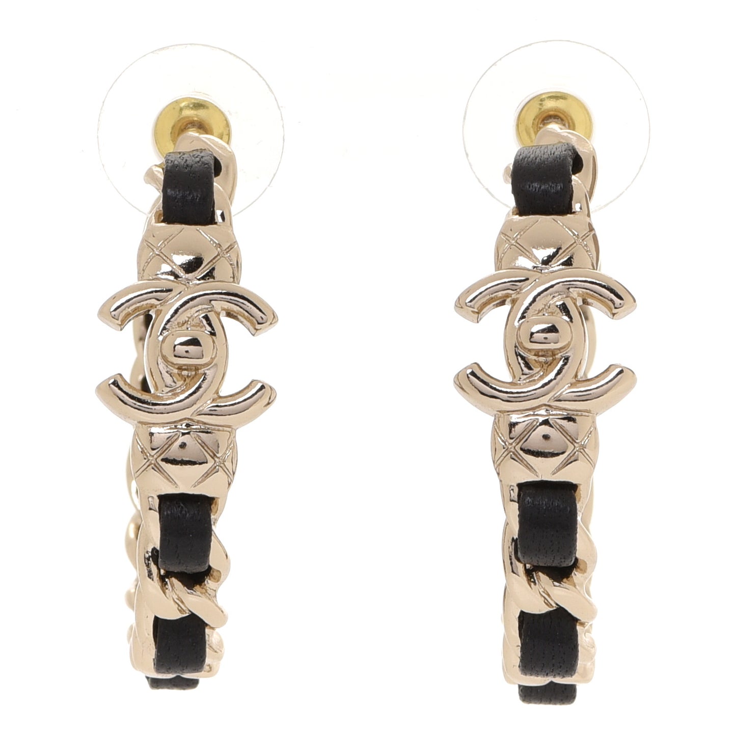 Metal Lambskin Quilted CC Turnlock Chain Hoop Earrings Gold Black