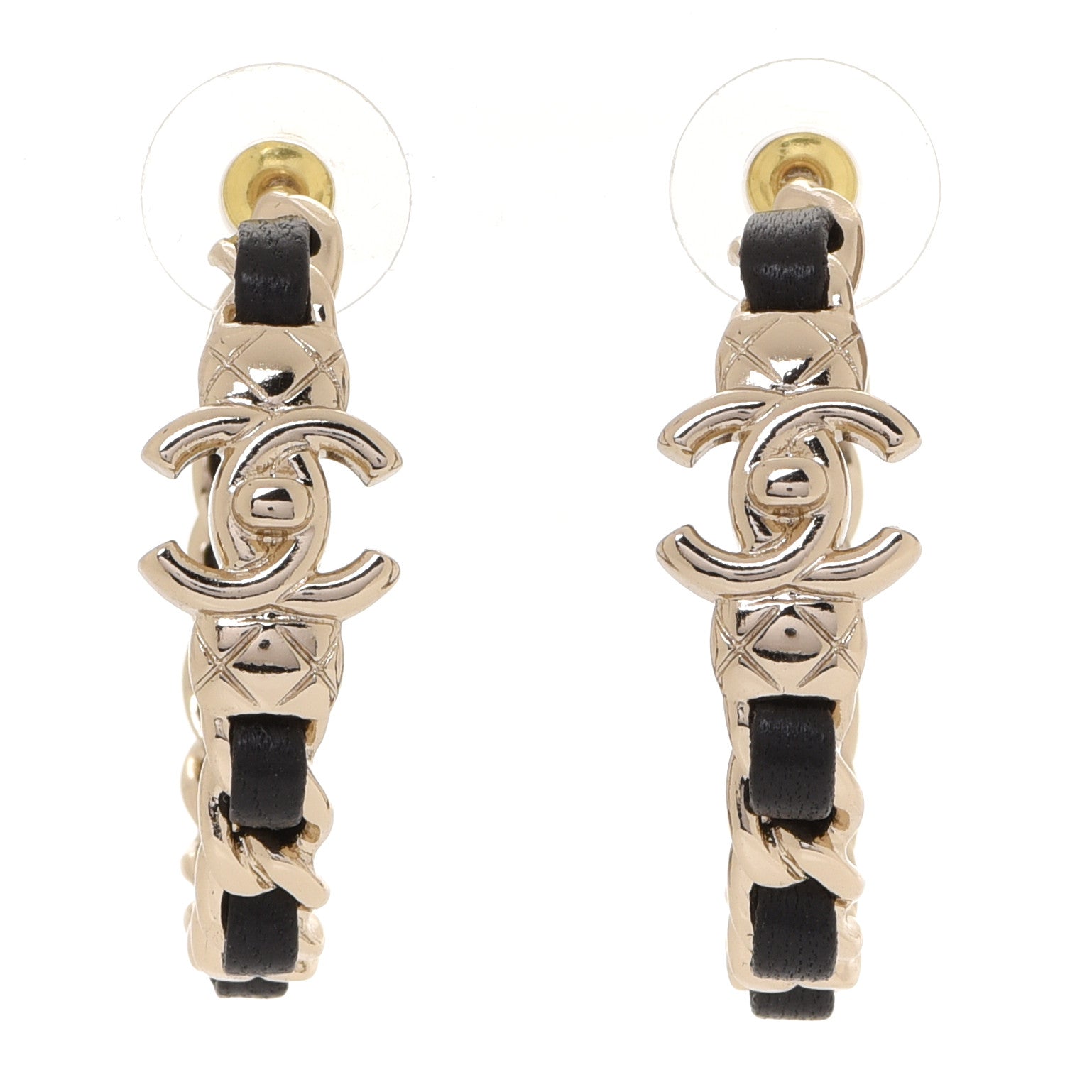 Chanel Metal Lambskin Quilted CC Turnlock Chain Hoop Earrings Gold Black 1 of 5