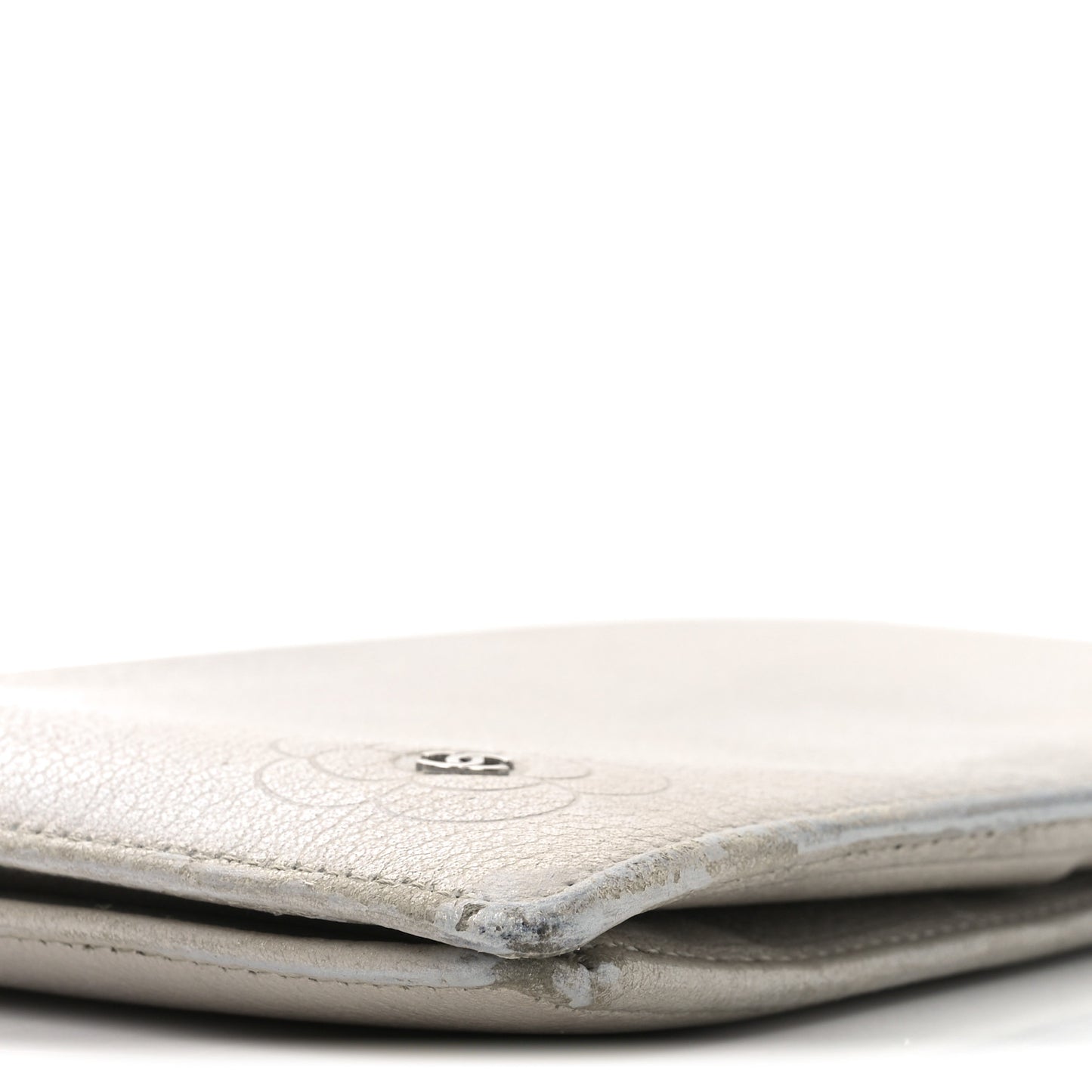 Metallic Goatskin Camellia Embossed Yen Wallet Silver