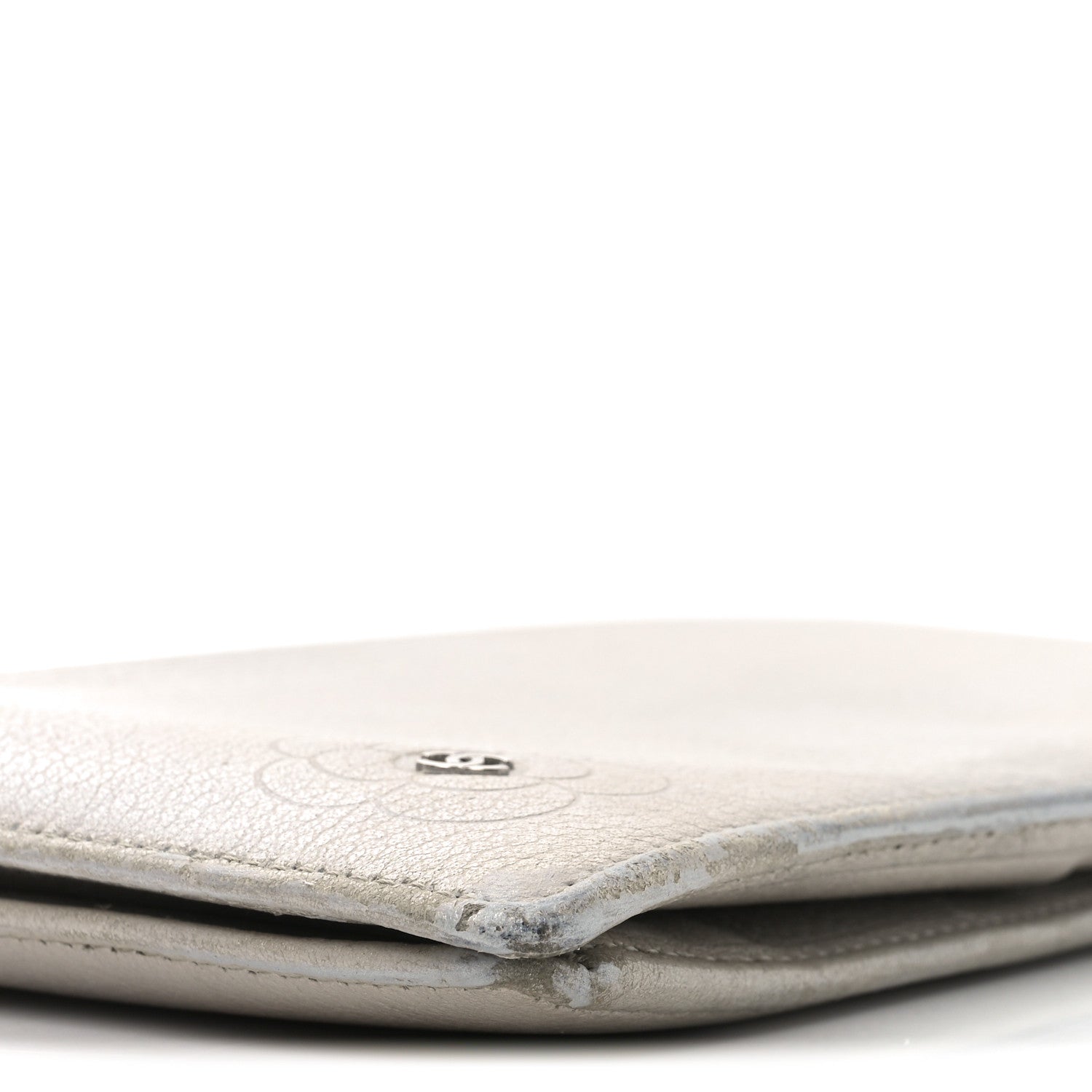 Chanel Metallic Goatskin Camellia Embossed Yen Wallet Silver 8 of 9