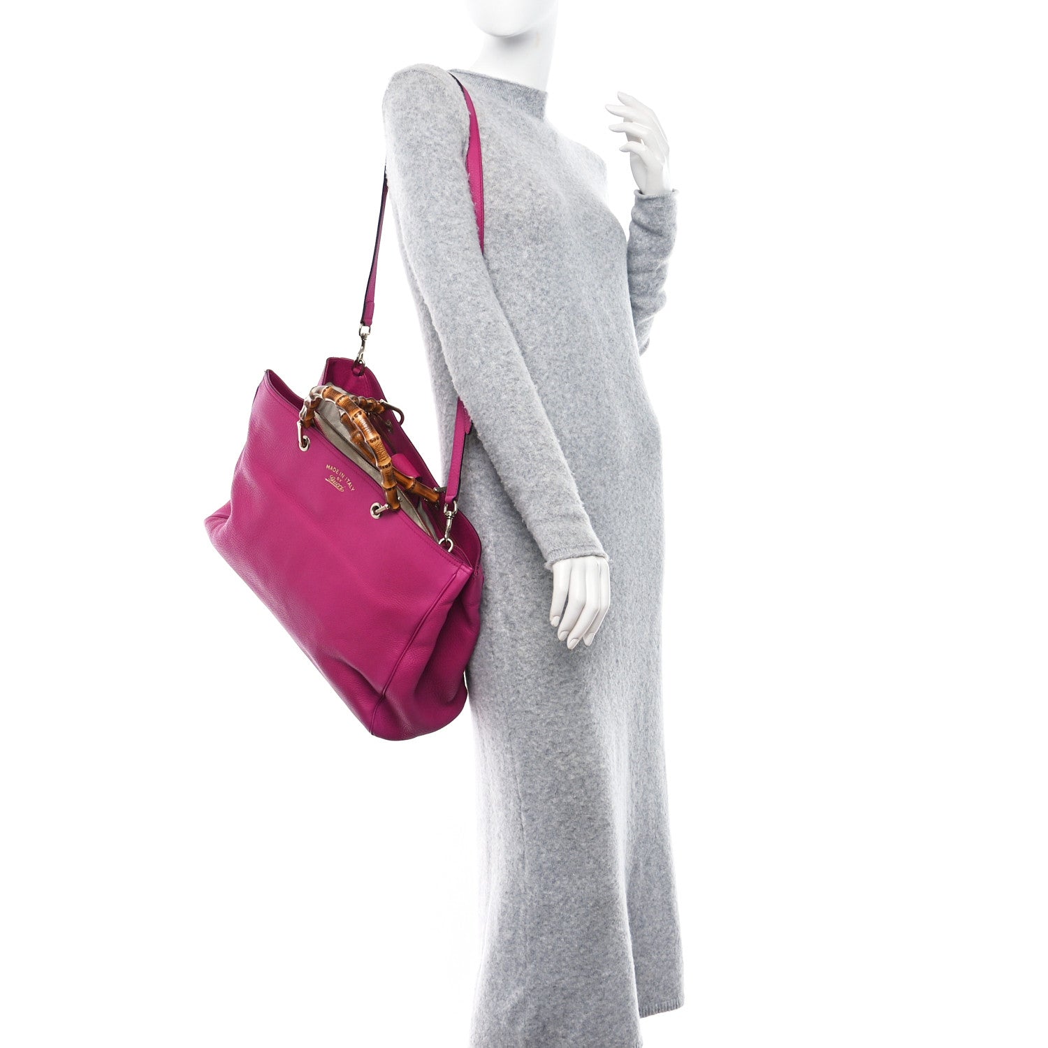 Gucci Pebbled Calfskin Large Bamboo Shopper Tote Bright Bougainvillea 2 of 10