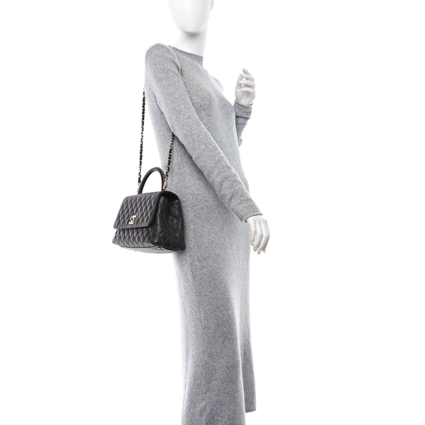 Caviar Contrast Stitch Small Coco Chain Handle Flap Dark Grey