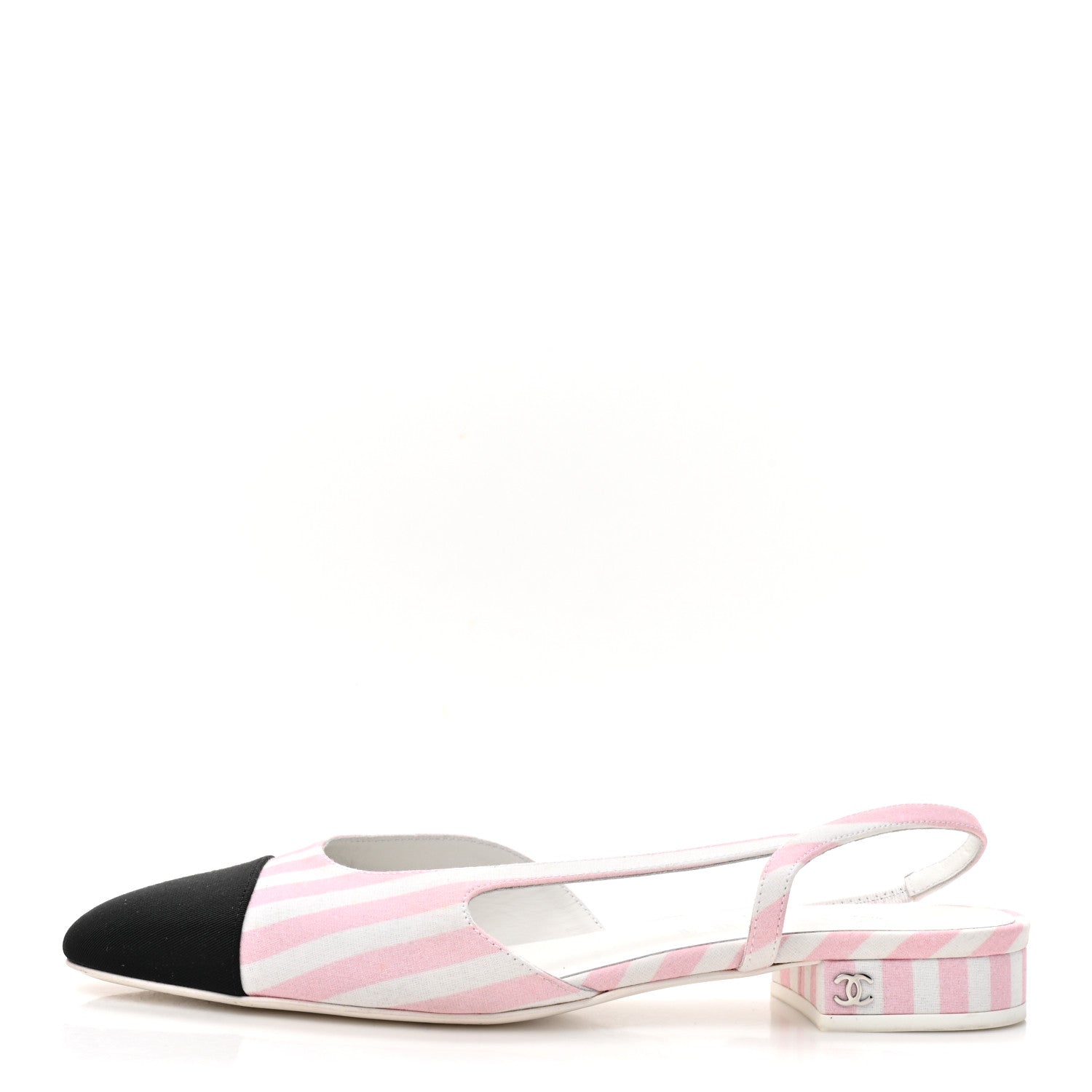 Chanel Fabric Grosgrain Cap Toe CC Slingback Flats 38.5 Pink White 1 of 8
