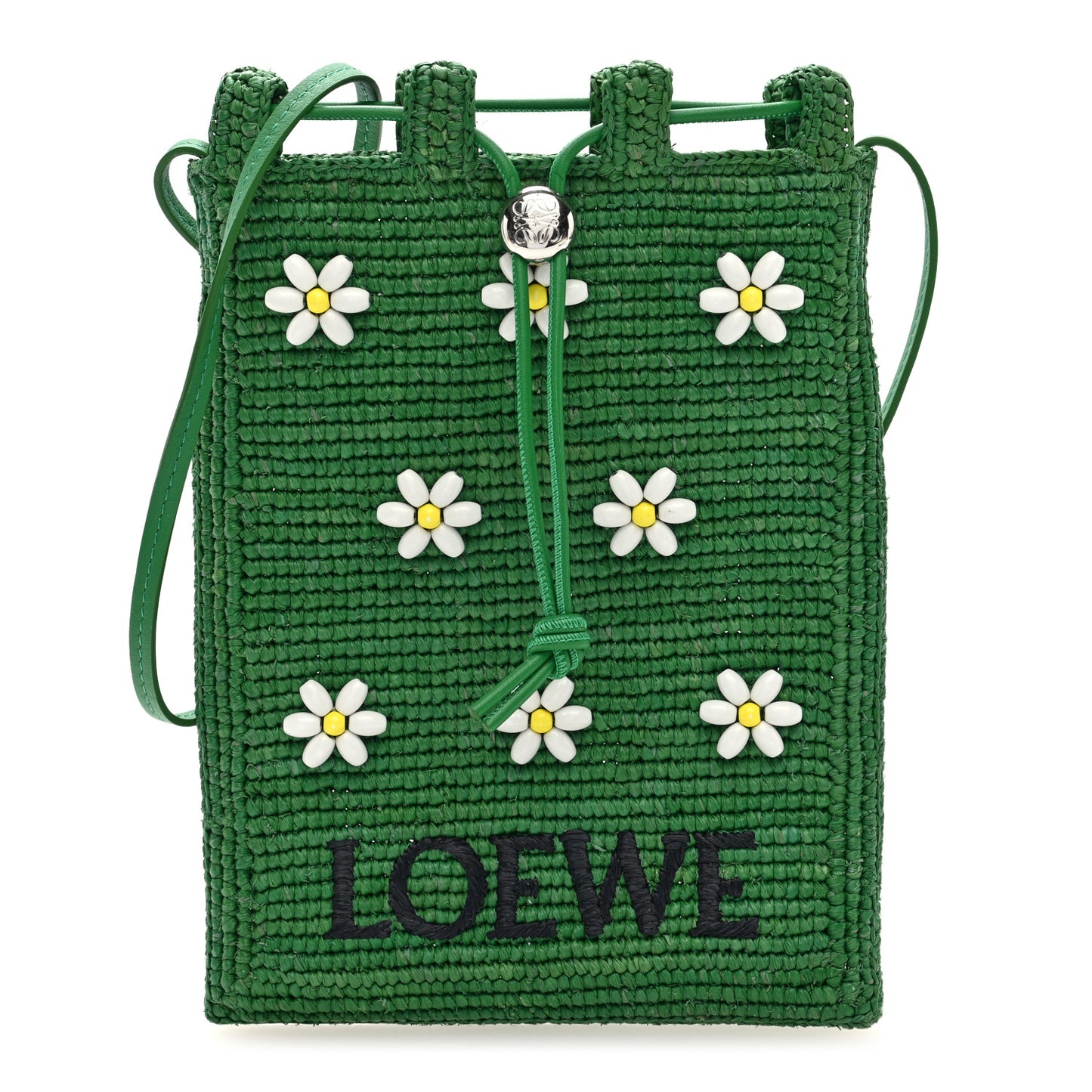 Raffia Beaded Drawstring Pocket Crossbody Tropical Green White