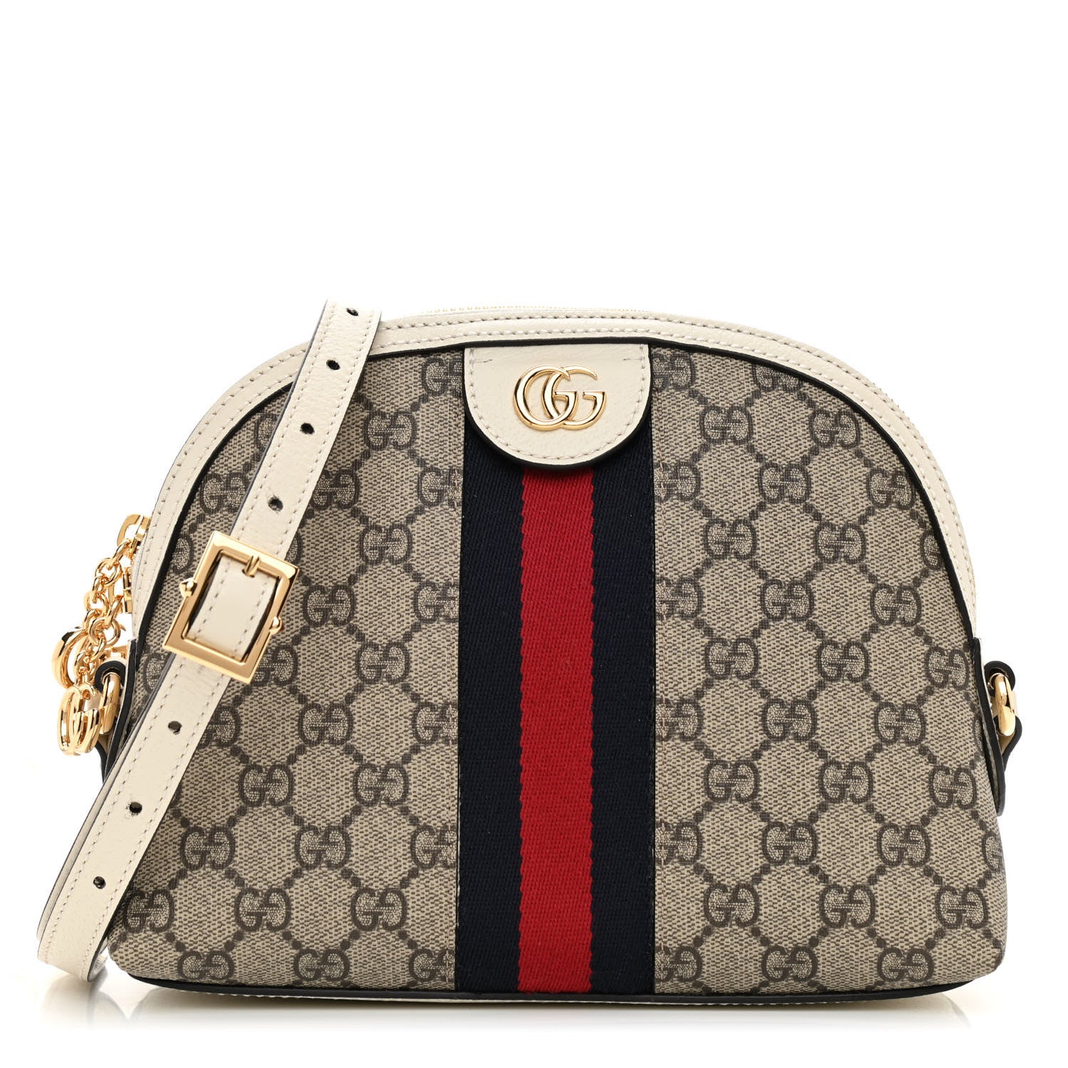 Gucci GG Supreme Monogram Textured Dollar Calfskin Web Small Ophidia Dome Shoulder Bag Beige Ebony Mystic White 1 of 8