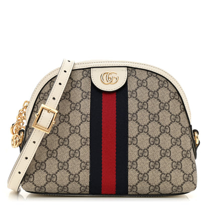 Gucci GG Supreme Monogram Textured Dollar Calfskin Web Small Ophidia Dome Shoulder Bag Beige Ebony Mystic White 1 of 8