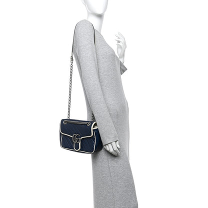 Gucci Vintage Effect Calfskin Matelasse Diagonal Small Torchon GG Marmont Shoulder Bag Blue Agata Mystic White 2 of 14