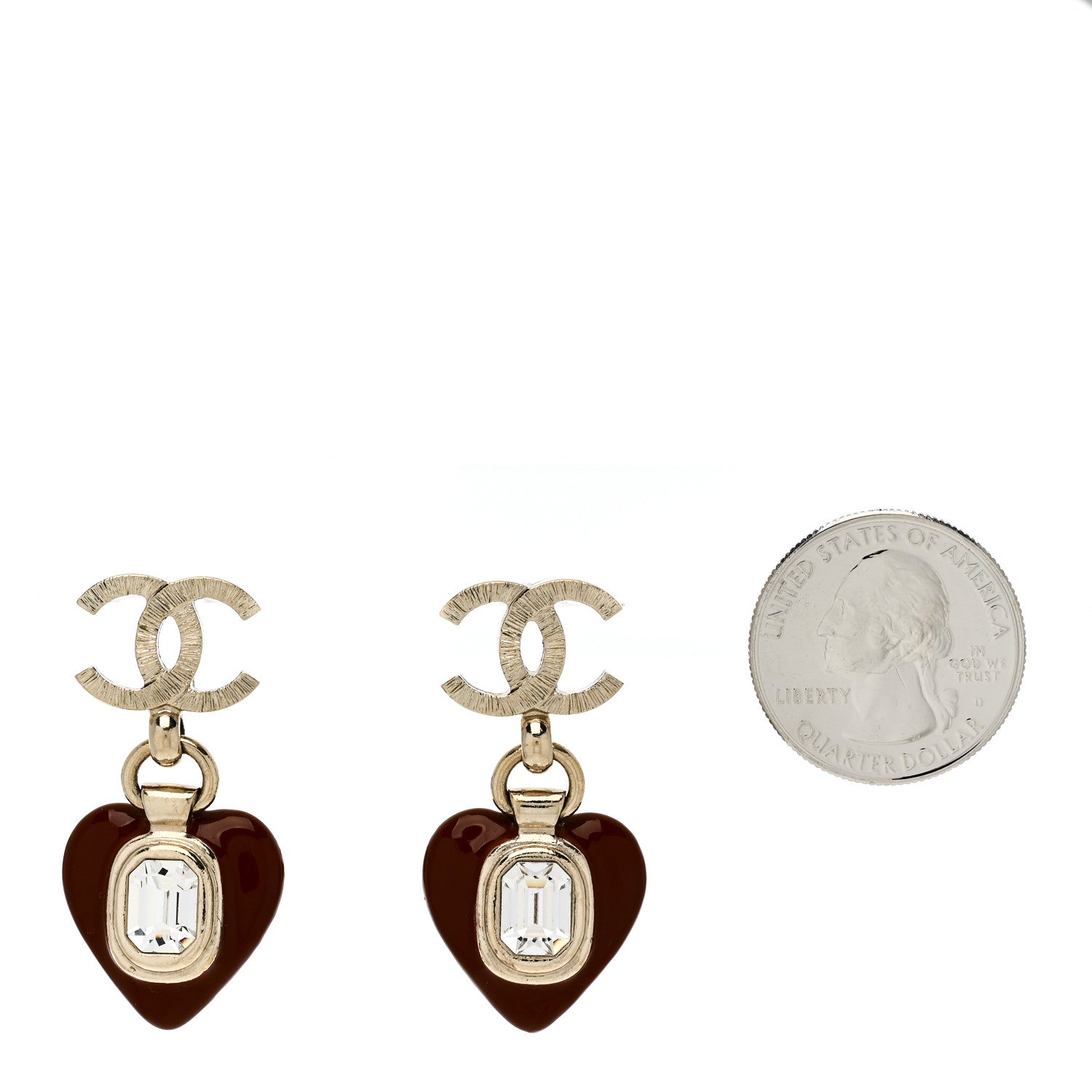 Chanel Resin Crystal CC Heart Drop Earrings Red Gold 2 of 4
