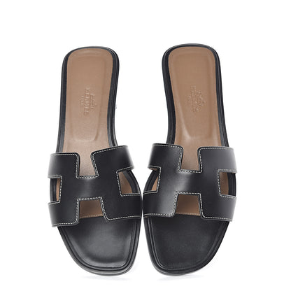 Hermes Box Calfskin Oran Sandals 38 Black 5 of 8