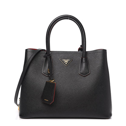 Prada Saffiano Cuir Medium Double Bag Black Fuoco 1 of 9
