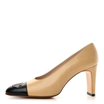 Chanel Lambskin Cap Toe CC Pumps 37.5 Beige Black 1 of 9