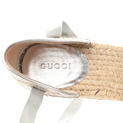 Gucci Lame GG Monogram Ankle Wrap Platform Espadrille Wedges 37 Silver Beige Light Grey 7 of 9
