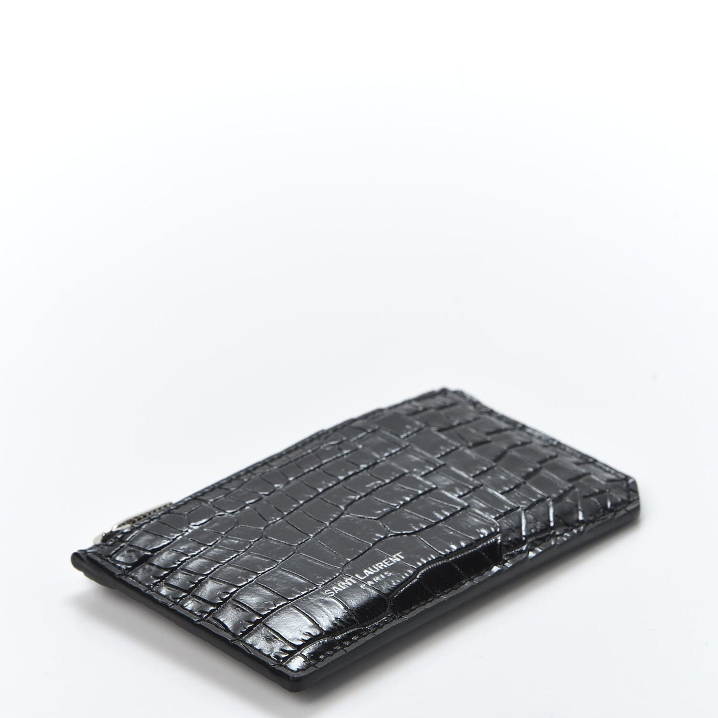 Calfskin Crocodile Embossed 5 Fragments Zip Pouch Card Holder Black