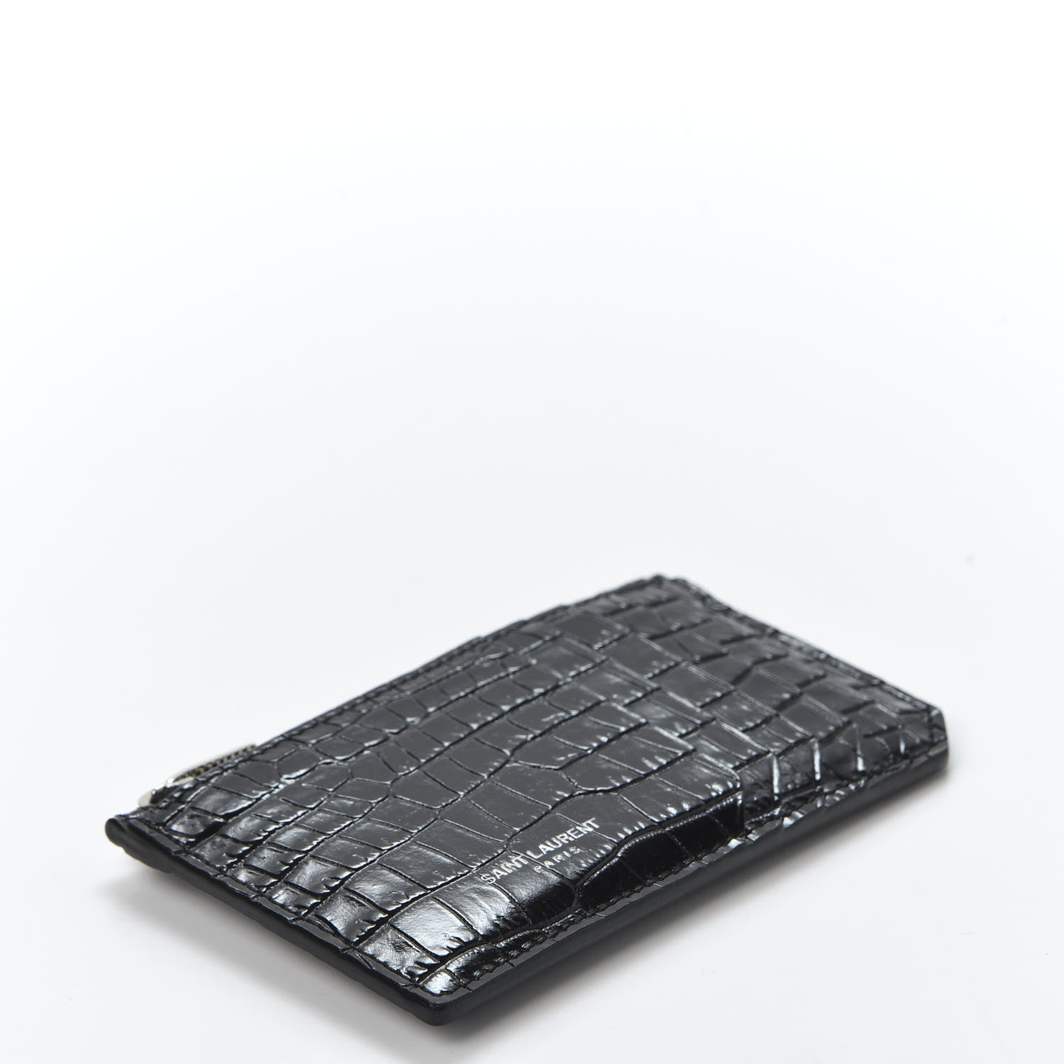 Saint Laurent Calfskin Crocodile Embossed 5 Fragments Zip Pouch Card Holder Black 3 of 8