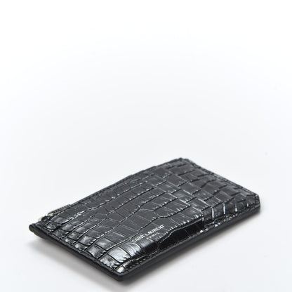 Saint Laurent Calfskin Crocodile Embossed 5 Fragments Zip Pouch Card Holder Black 3 of 8