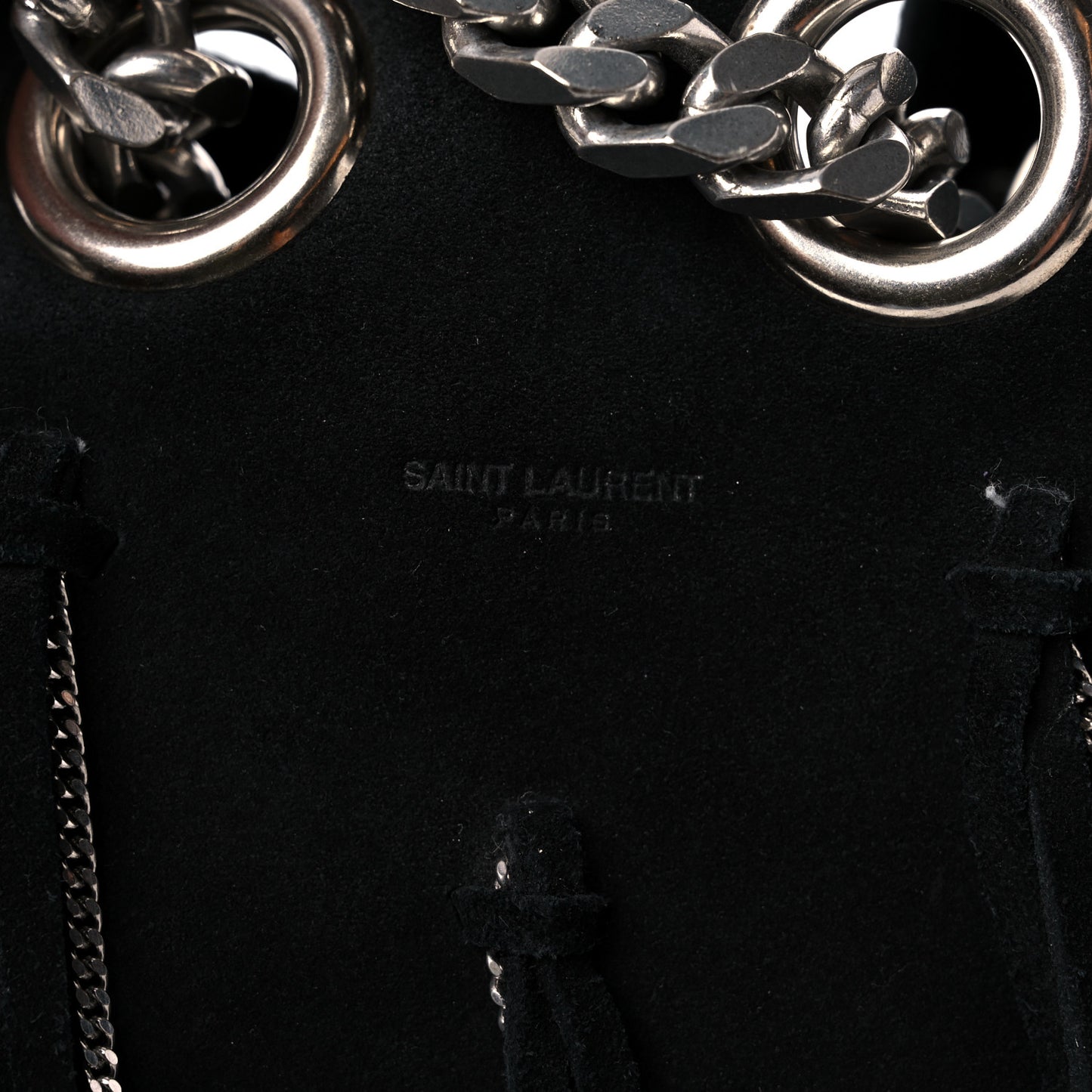 Suede Calfskin Medium Emmanuelle Chain Fringe Bucket Bag Black