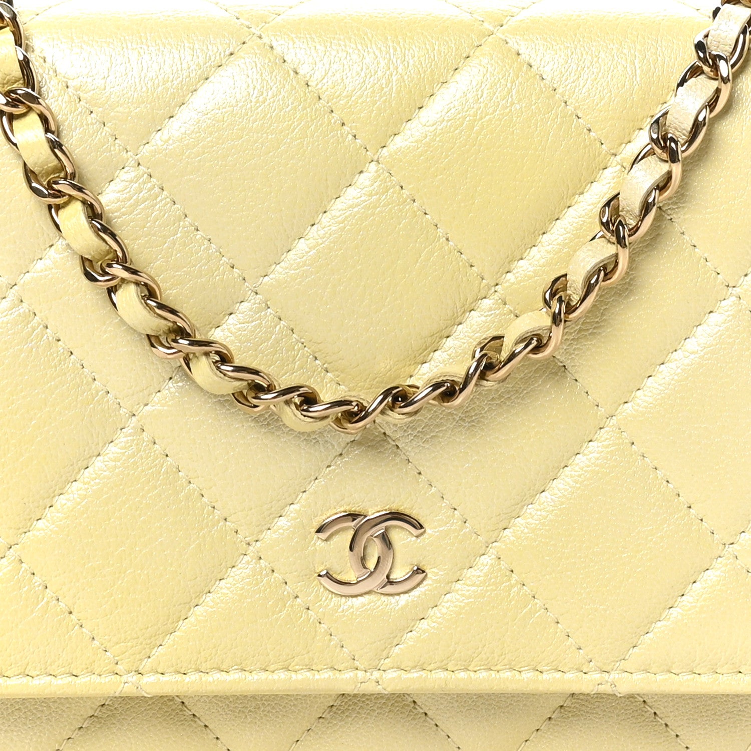 Chanel Iridescent Goatskin Quilted Wallet on Chain WOC Light Yellow 8 of 10