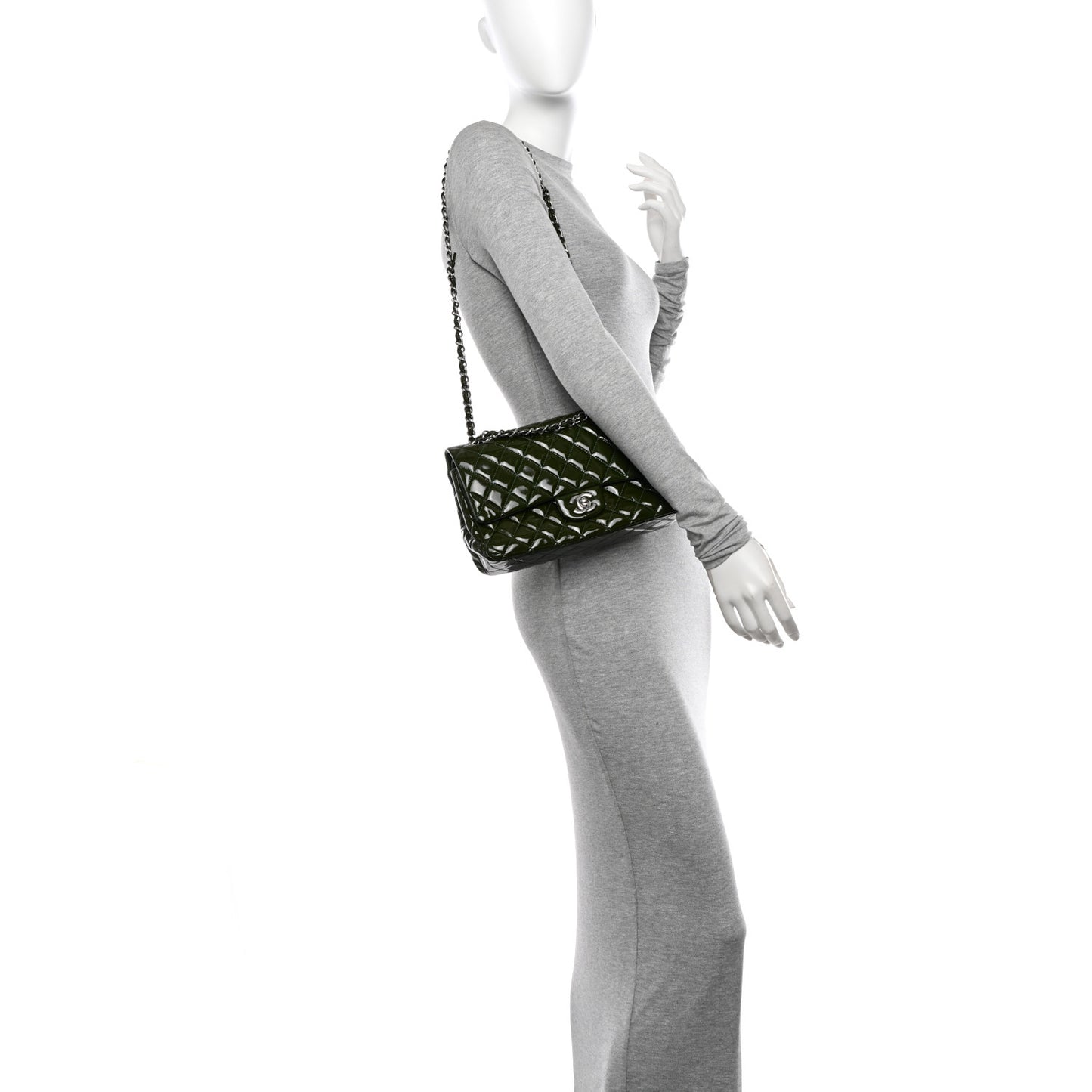 Patent Calfskin Quilted Medium Double Flap Green