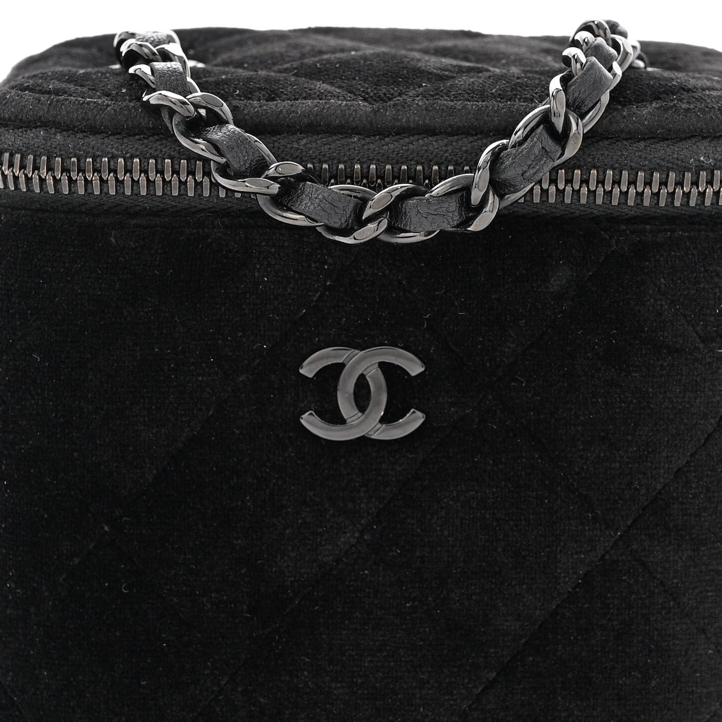 Velvet Quilted Mini Vanity Case With Chain Black