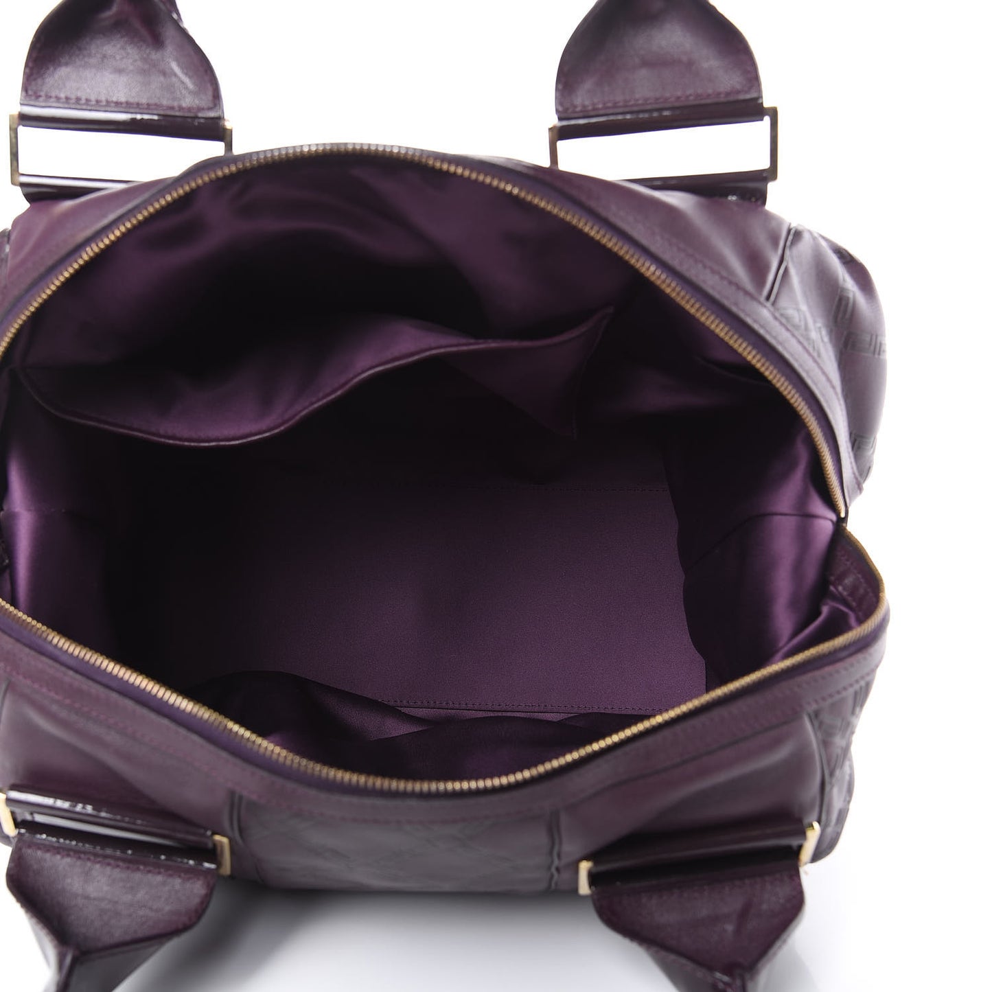 Calfskin Greca Argyle Embossed Patent Medusa Bowler Satchel Purple