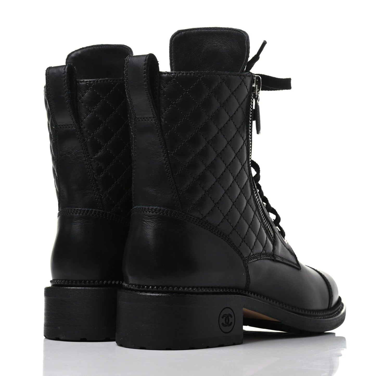 Calfskin Quilted Lace Up Combat Boots 38 Black