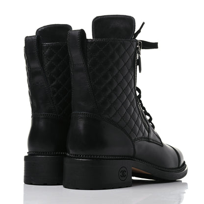 Chanel Calfskin Quilted Lace Up Combat Boots 38 Black 4 of 8